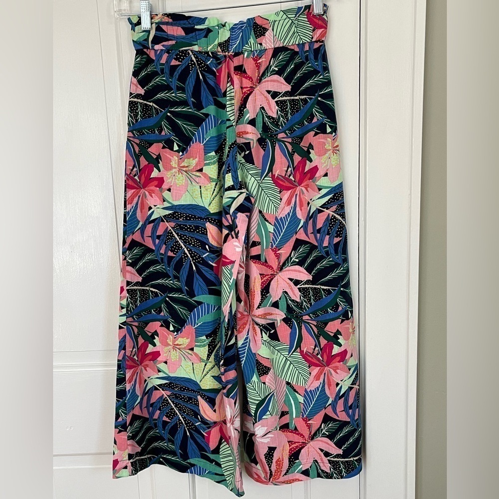 LOFT Tropical Floral Palm Fluid Wide Leg Crop Pants Linen Blend XS Cottagecore - Picture 8 of 15